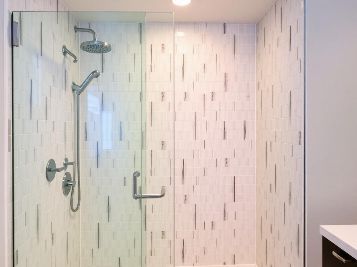 Moderne Dusche mit vertikalen Fliesen