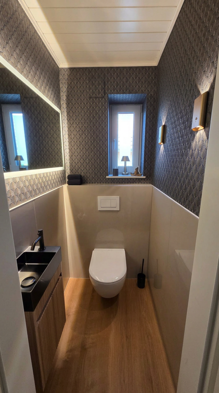 Modernisiertes Gäste-WC mit Wandhänge-WC, dunkler Mustertapete und Holzoptik-Boden
